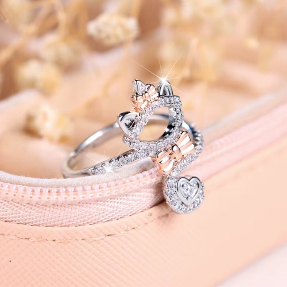 NEW 14k White Gold Cat Diamond Ring White & Pink Cat Ring Band - Picture 2 of 5